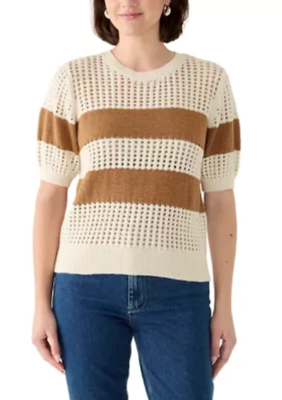 Women's Beachside Openwork Striped Short Sleeve Sweater