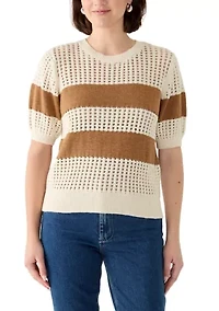 Women's Beachside Openwork Striped Short Sleeve Sweater