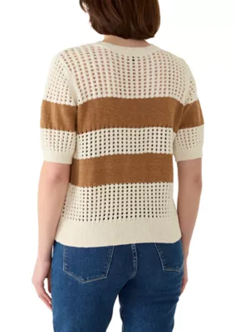 Women's Beachside Openwork Striped Short Sleeve Sweater