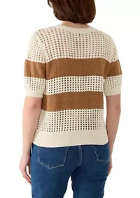 Women's Beachside Openwork Striped Short Sleeve Sweater
