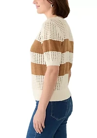 Women's Beachside Openwork Striped Short Sleeve Sweater