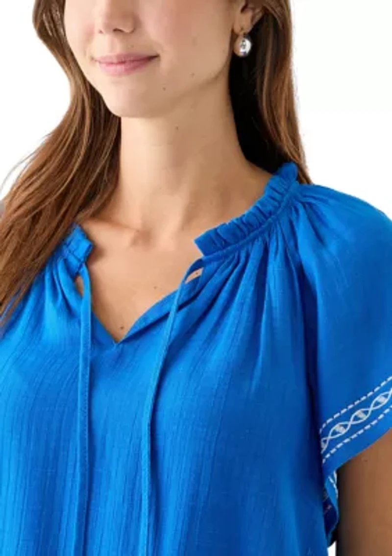 Women's Embroidered Flutter Sleeve Blouse