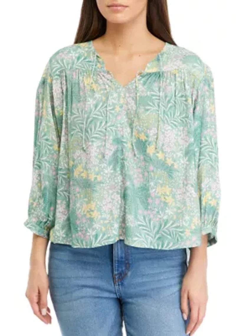 Petite Printed Linen Like Peasant Blouse