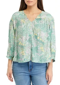 Petite Printed Linen Like Peasant Blouse