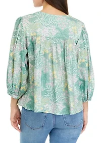 Petite Printed Linen Like Peasant Blouse
