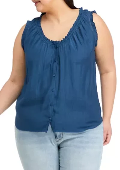 Plus Sleeveless Button Front Linen Blouse