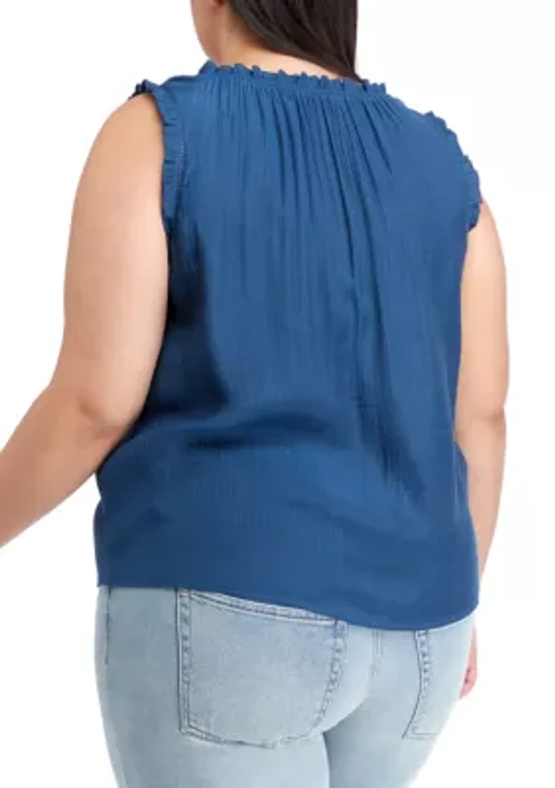 Plus Sleeveless Button Front Linen Blouse