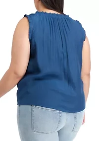 Plus Sleeveless Button Front Linen Blouse