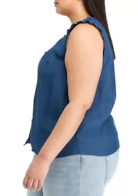 Plus Sleeveless Button Front Linen Blouse