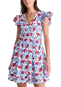 Women's Pintuck Printed Flutter Sleeve Dress
