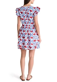 Women's Pintuck Printed Flutter Sleeve Dress