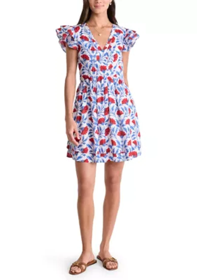 Women's Pintuck Printed Flutter Sleeve Dress