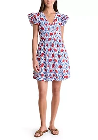 Women's Pintuck Printed Flutter Sleeve Dress