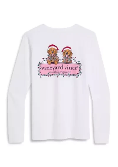 Women's Long Sleeve Santa Hat Dogs Graphic T-Shirt