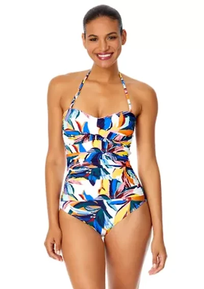 Gradient Floral Twist Front Strapless One Piece Swimsuit