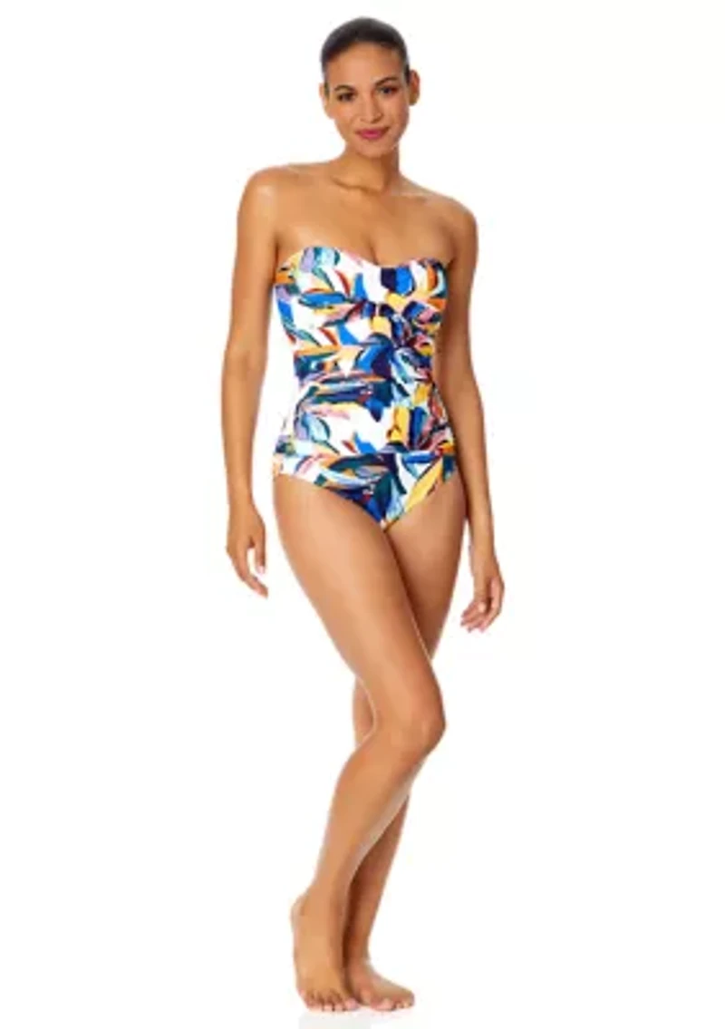 Gradient Floral Twist Front Strapless One Piece Swimsuit