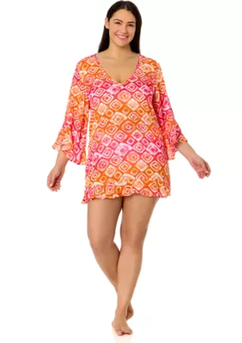 Plus Bell Sleeve Tie Dye Printed Swim Coverup