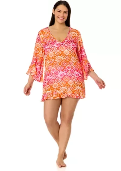 Plus Bell Sleeve Tie Dye Printed Swim Coverup