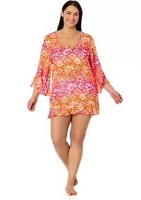 Plus Bell Sleeve Tie Dye Printed Swim Coverup