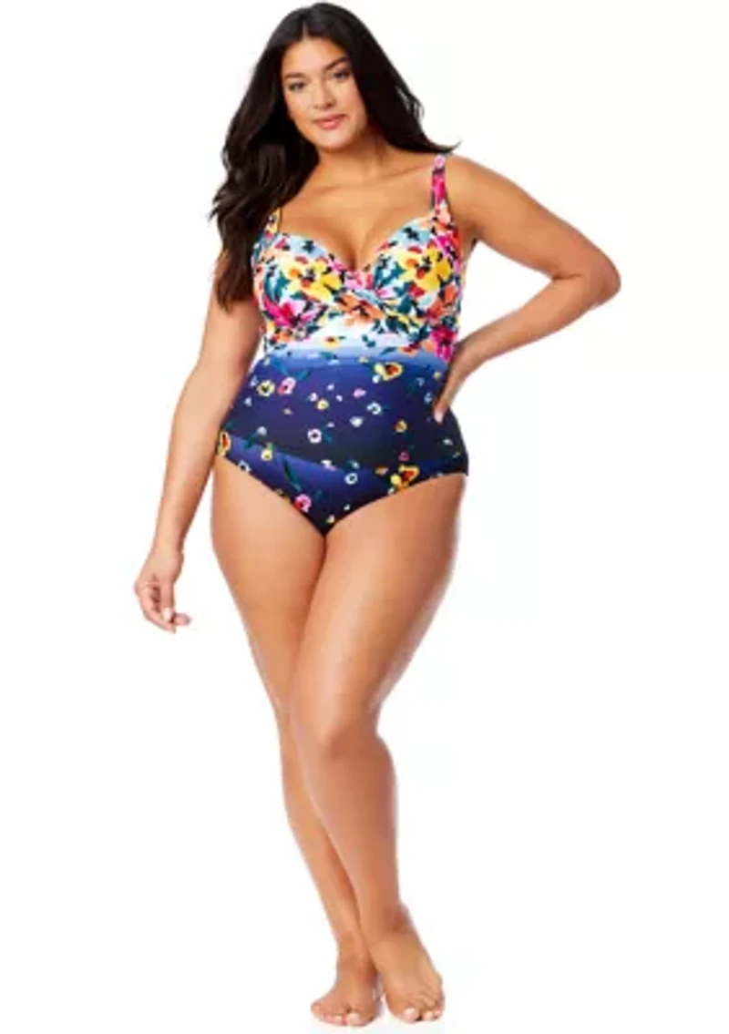 Plus Gradient Floral Drape Front One Piece Swimsuit
