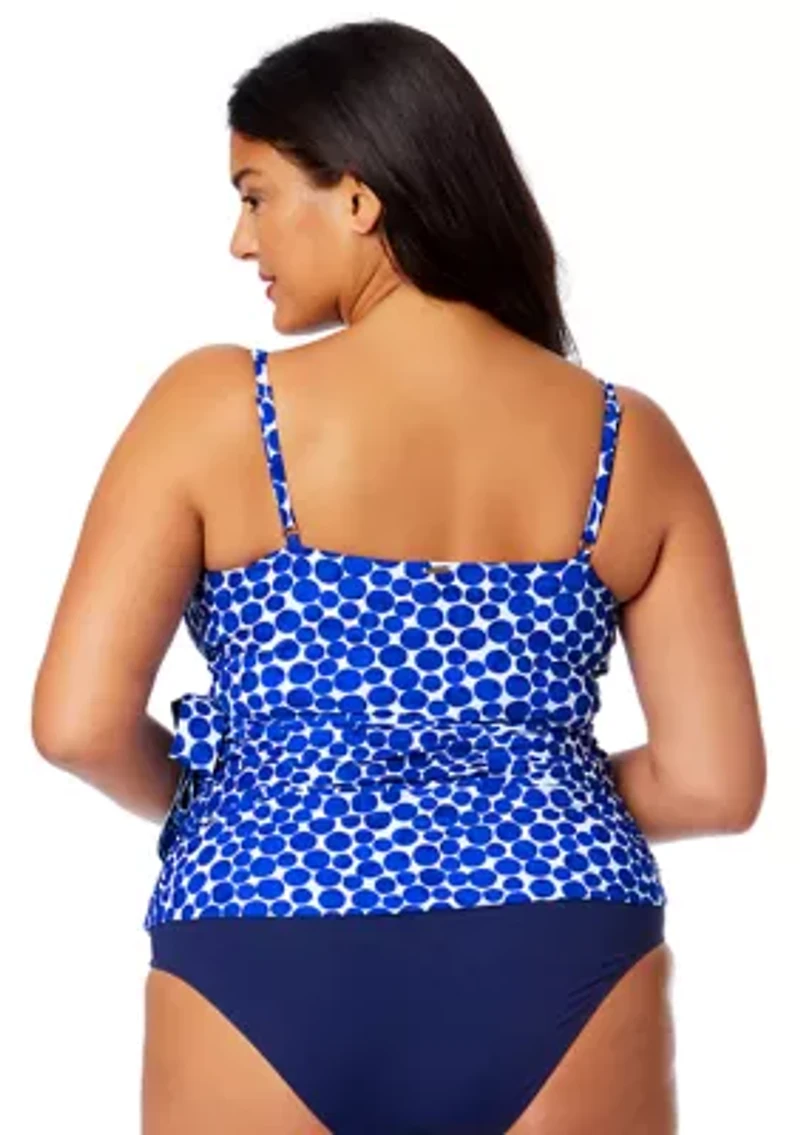 Plus Denim Dot Wrap Tie Tankini Swim Top