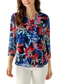 Women's 3/4 Sleeve Henley Print Top