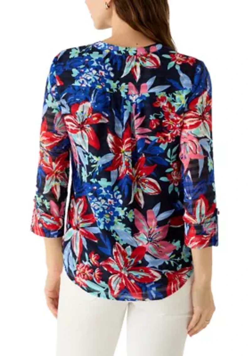 Women's 3/4 Sleeve Henley Print Top