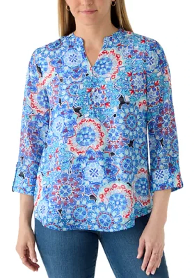 Women's Three-Quarter Sleeve Texture Woven Printed Henley Top