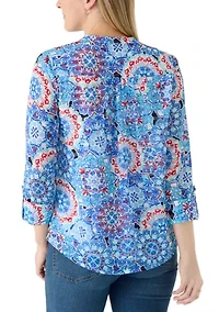 Women's Three-Quarter Sleeve Texture Woven Printed Henley Top