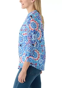 Women's Three-Quarter Sleeve Texture Woven Printed Henley Top