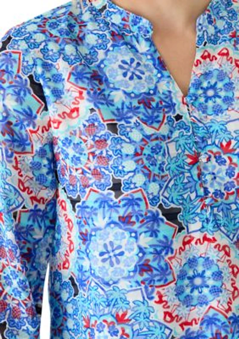 Women's Three-Quarter Sleeve Texture Woven Printed Henley Top