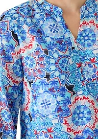 Women's Three-Quarter Sleeve Texture Woven Printed Henley Top