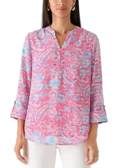 Women's Textured Woven Printed Henley Top