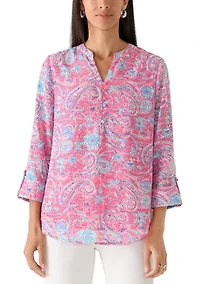 Women's Textured Woven Printed Henley Top