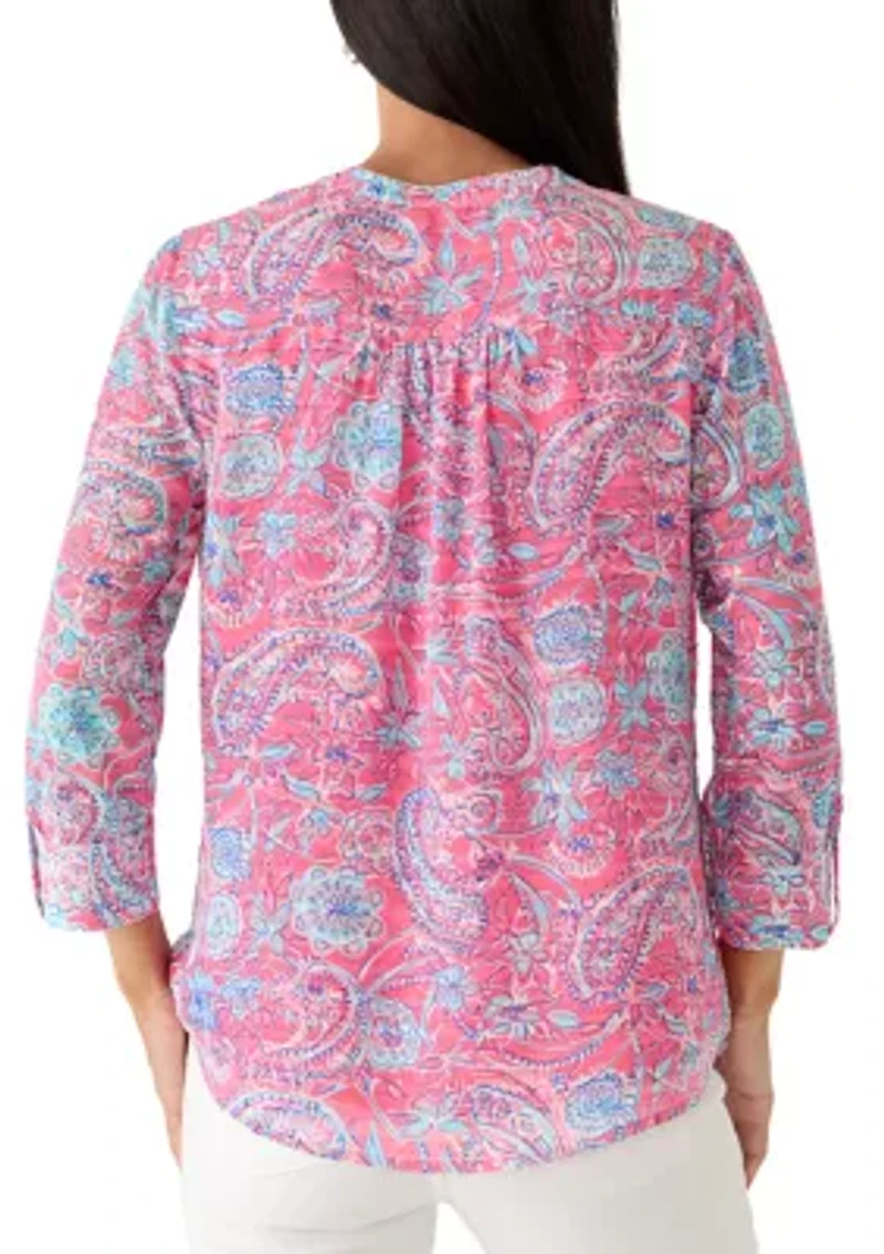 Women's Textured Woven Printed Henley Top