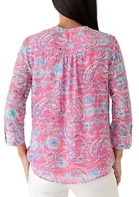 Women's Textured Woven Printed Henley Top