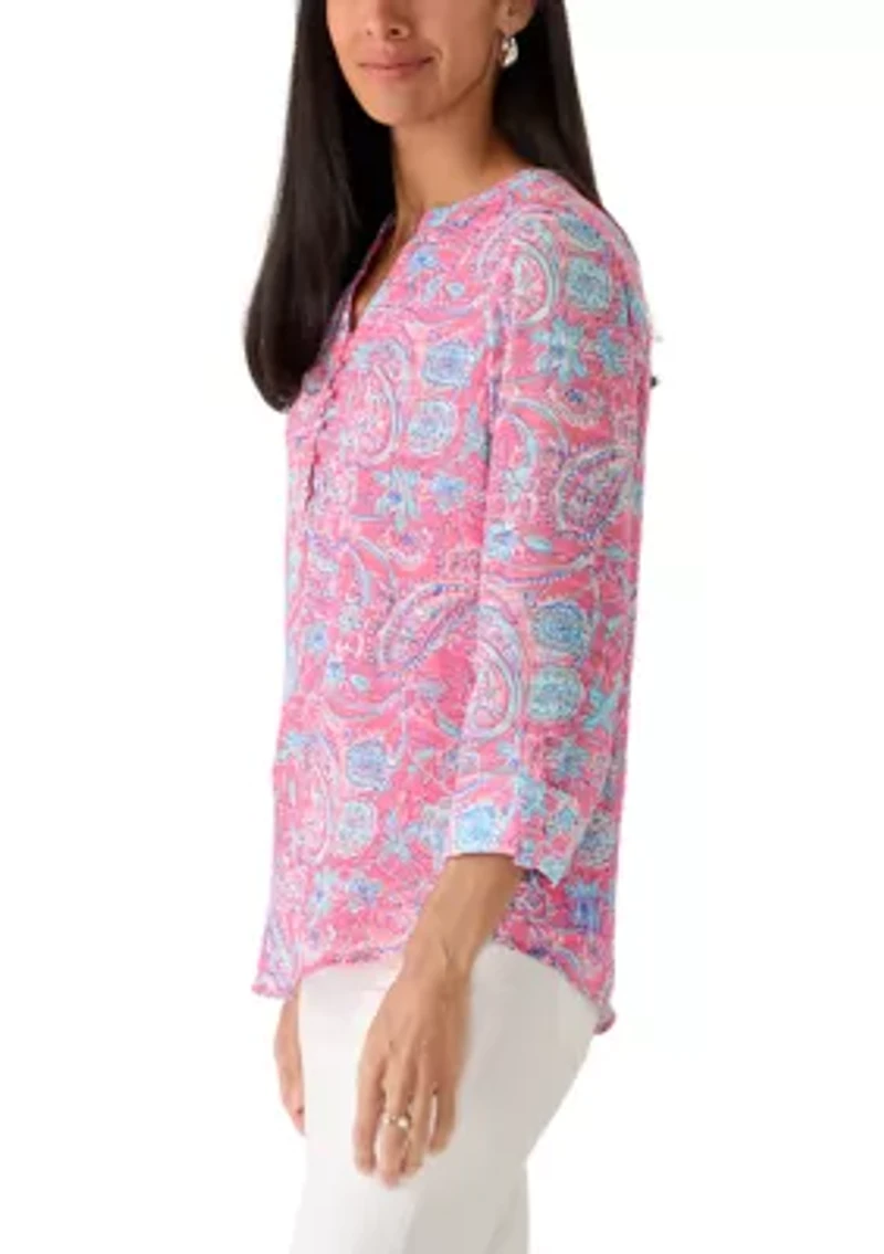 Women's Textured Woven Printed Henley Top