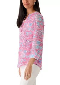 Women's Textured Woven Printed Henley Top