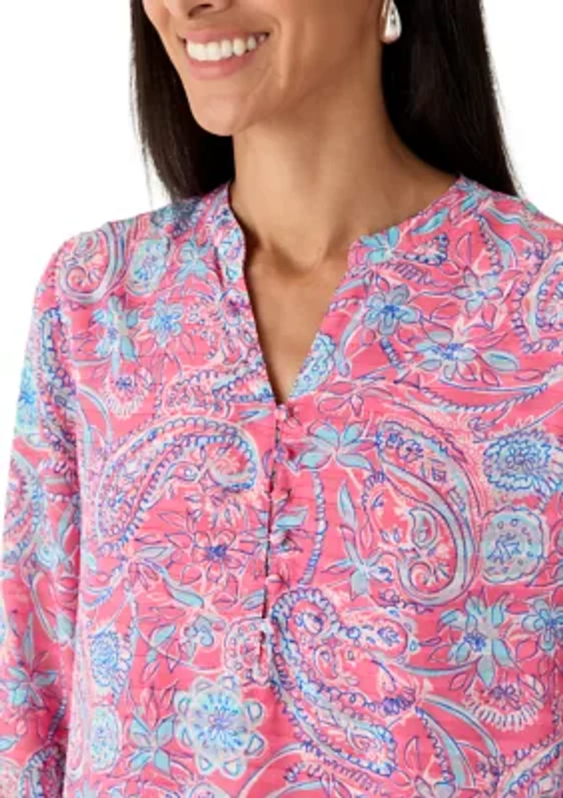 Women's Textured Woven Printed Henley Top