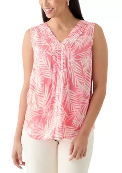 Women's V-Neck Pintuck Sleeveless Printed Top