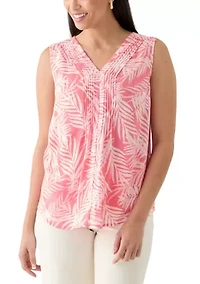 Women's V-Neck Pintuck Sleeveless Printed Top