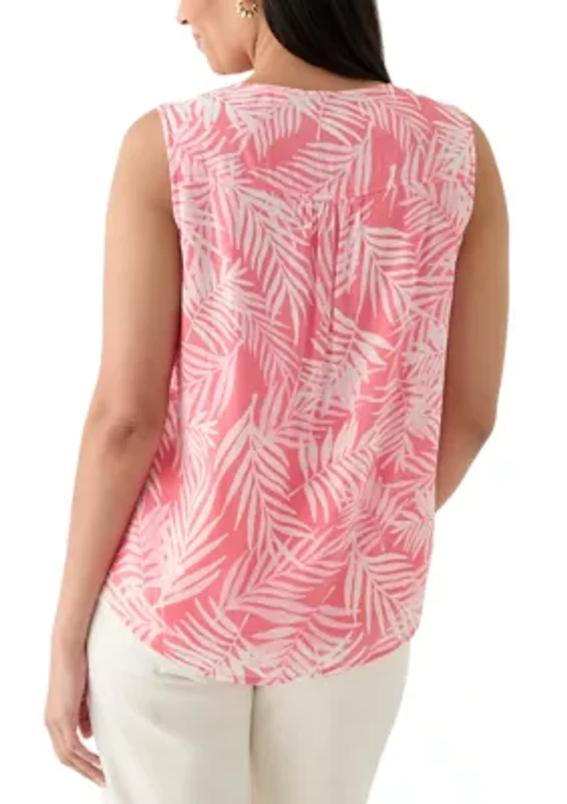 Women's V-Neck Pintuck Sleeveless Printed Top