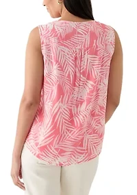 Women's V-Neck Pintuck Sleeveless Printed Top