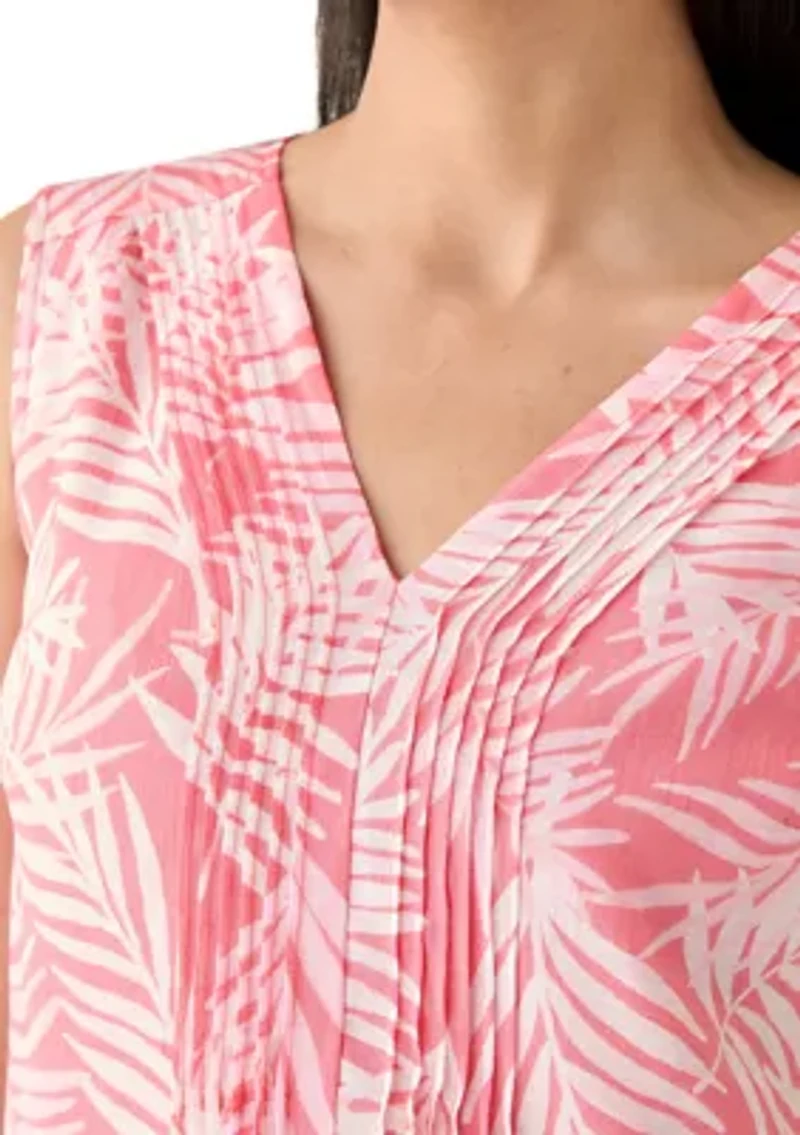 Women's V-Neck Pintuck Sleeveless Printed Top