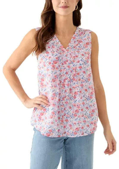 Women's V-Neck Pintuck Sleeveless Printed Top