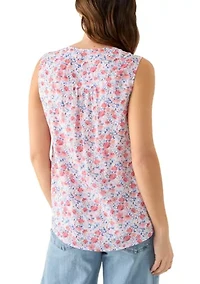 Women's V-Neck Pintuck Sleeveless Printed Top