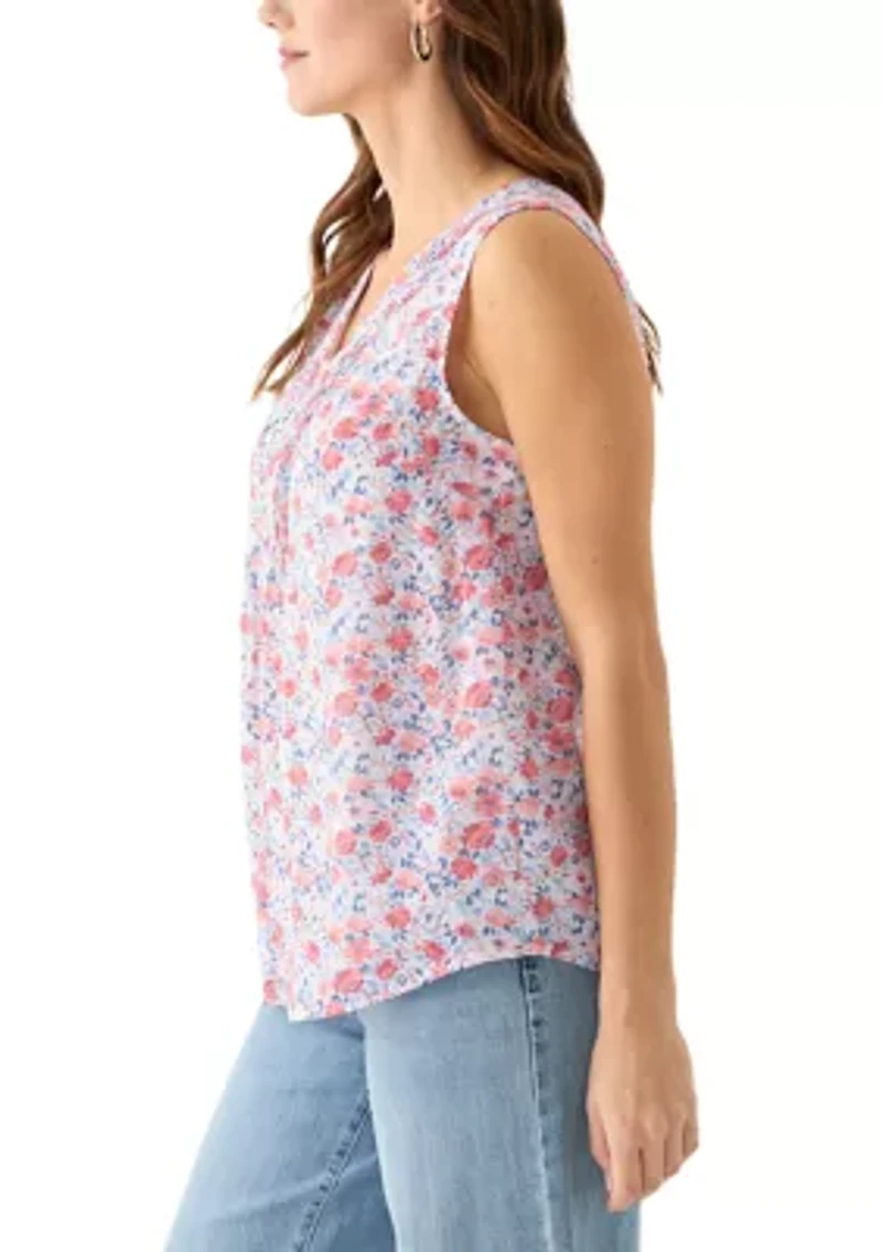 Women's V-Neck Pintuck Sleeveless Printed Top