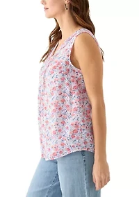 Women's V-Neck Pintuck Sleeveless Printed Top