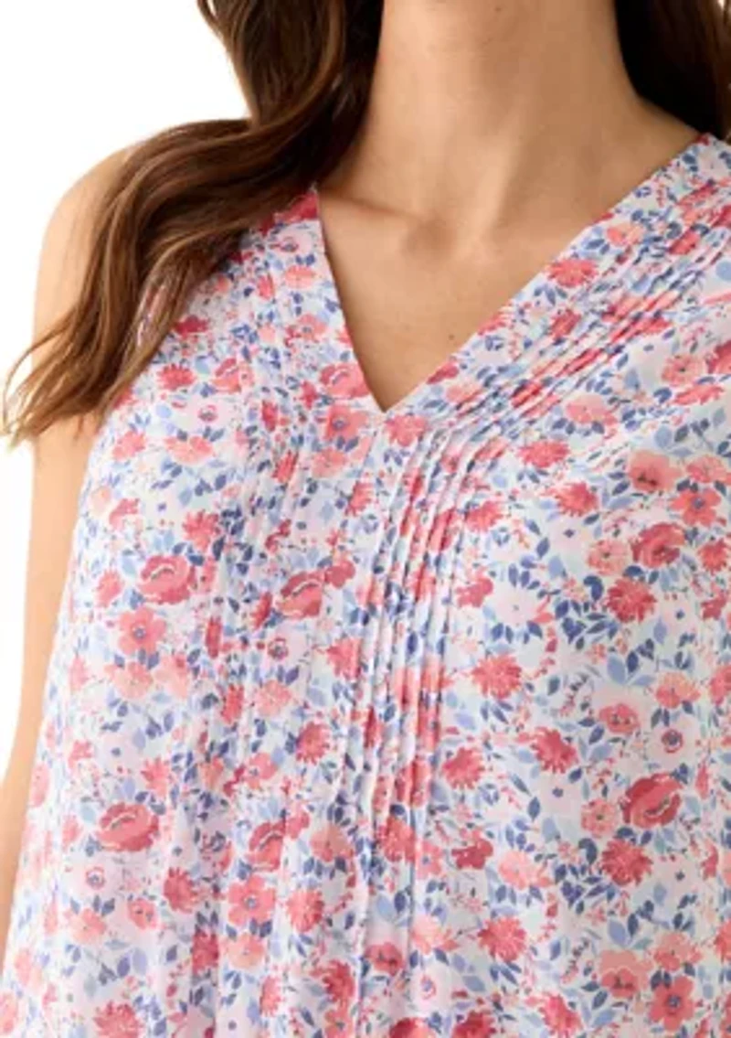 Women's V-Neck Pintuck Sleeveless Printed Top