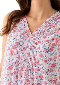 Women's V-Neck Pintuck Sleeveless Printed Top